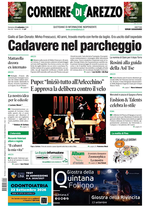Prima pagina Corriere di Arezzo di oggi - Quotidiano regionale