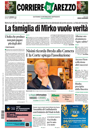 Prima pagina Corriere di Arezzo di oggi - Quotidiano regionale