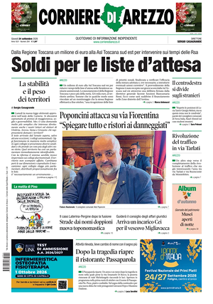 Prima pagina Corriere di Arezzo di oggi - Quotidiano regionale