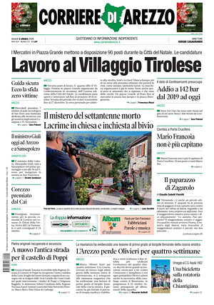 Prima pagina Corriere di Arezzo di oggi - Quotidiano regionale