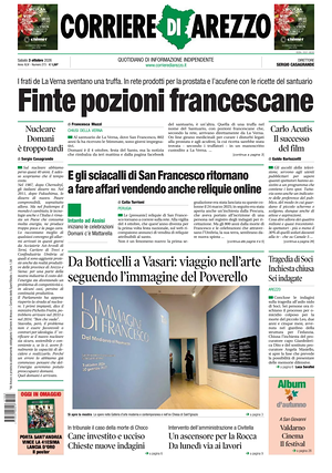 Prima pagina Corriere di Arezzo di oggi - Quotidiano regionale