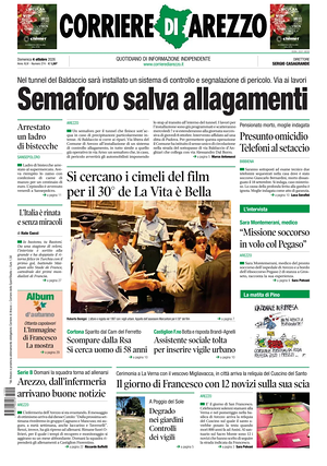 Prima pagina Corriere di Arezzo di oggi - Quotidiano regionale