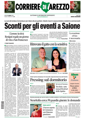 Prima pagina Corriere di Arezzo di oggi - Quotidiano regionale