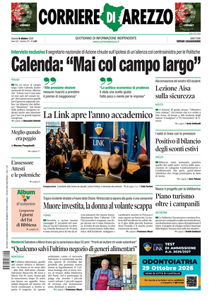 Prima pagina Corriere di Arezzo di oggi - Quotidiano regionale