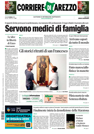 Prima pagina Corriere di Arezzo di oggi - Quotidiano regionale