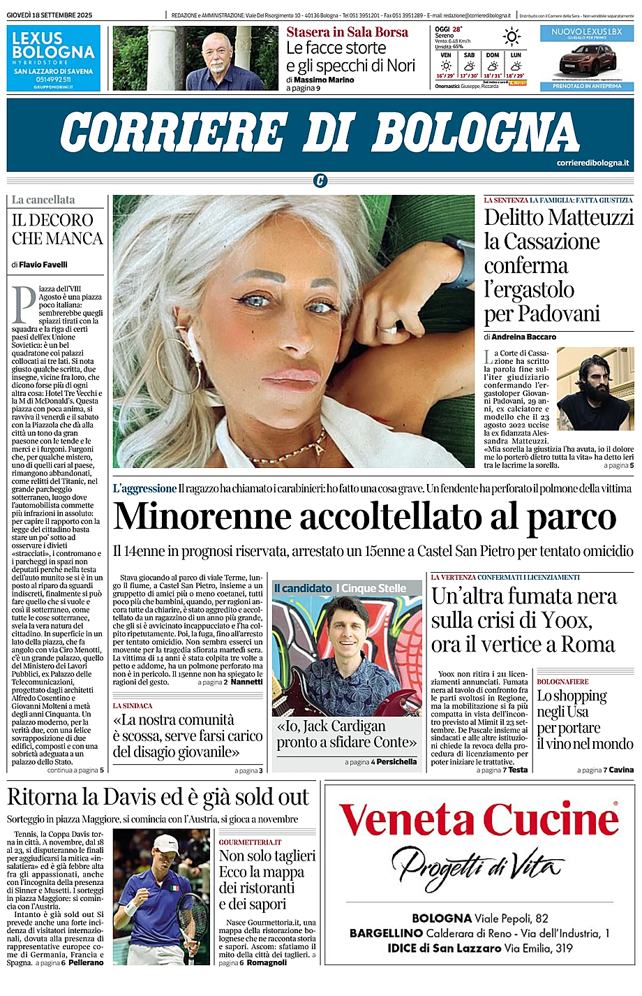 Prima pagina Corriere di Bologna di oggi - Edicola 18 Settembre 2025