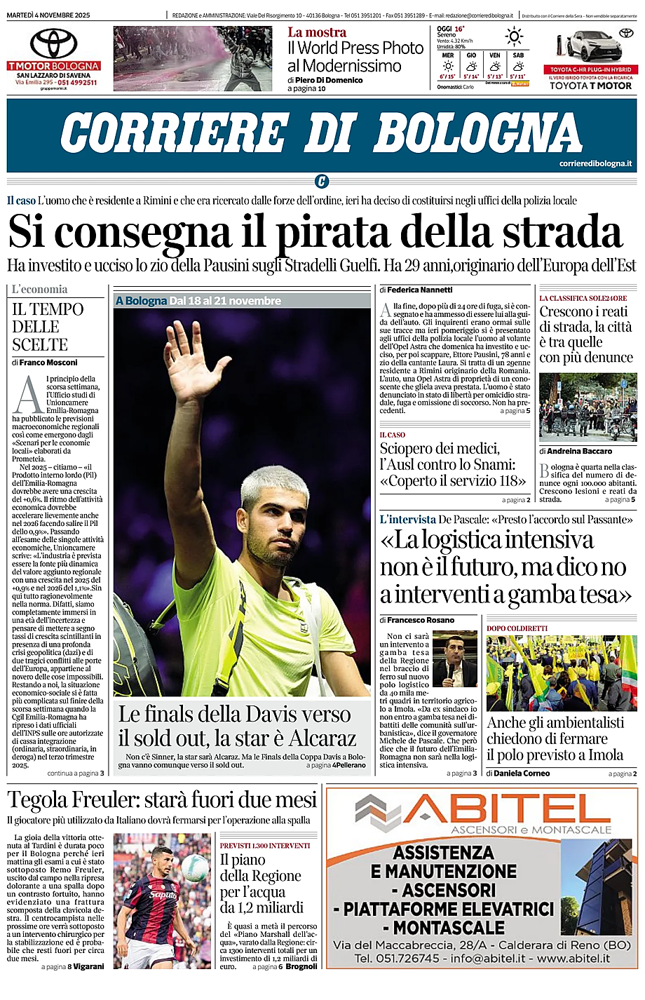Prima pagina Corriere di Bologna di oggi - Edicola 4 Novembre 2025