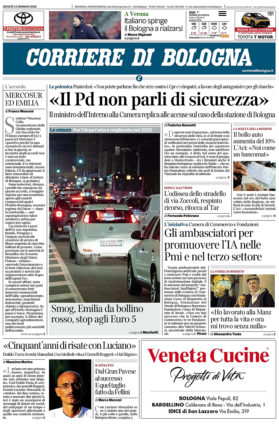 Prima pagina Corriere di Bologna di oggi - Edicola 15 Gennaio 2026