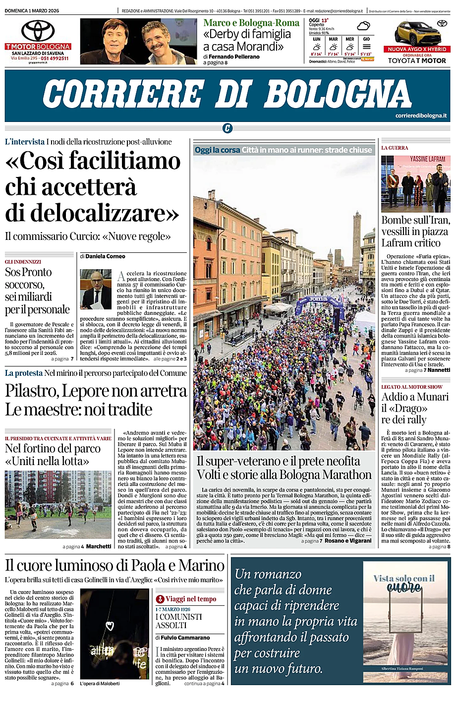 Prima pagina Corriere di Bologna di oggi - Edicola 1 Marzo 2026