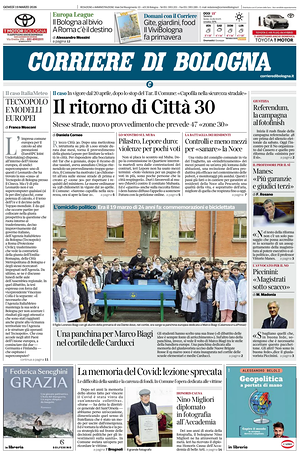 Prima pagina Corriere di Bologna di oggi - Quotidiano regionale