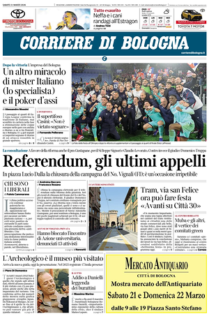 Prima pagina Corriere di Bologna di oggi - Quotidiano regionale
