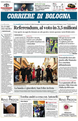 Prima pagina Corriere di Bologna di oggi - Quotidiano regionale