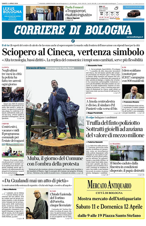 Prima pagina Corriere di Bologna di oggi - Quotidiano regionale