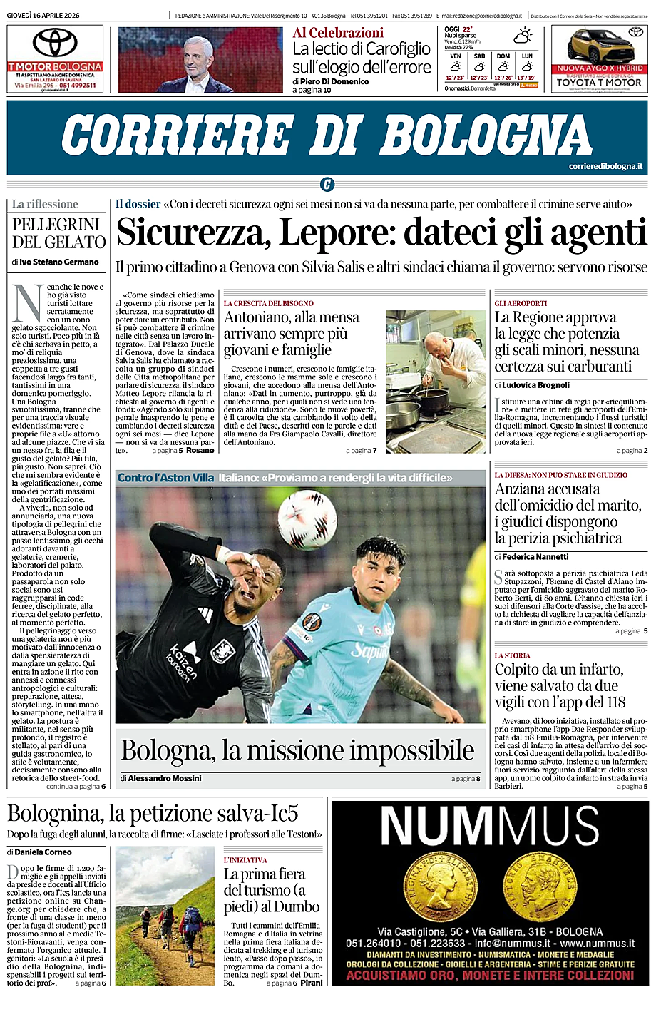 Prima pagina Corriere di Bologna di oggi - Edicola 16 Aprile 2026
