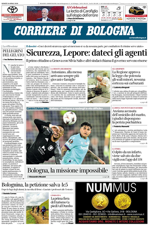 Prima pagina Corriere di Bologna di oggi - Quotidiano regionale