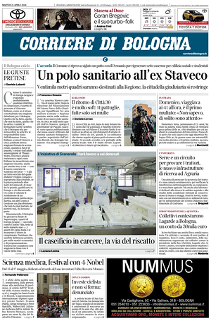 Prima pagina Corriere di Bologna di oggi - Quotidiano regionale