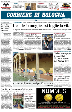 Prima pagina Corriere di Bologna di oggi - Quotidiano regionale