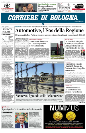 Prima pagina Corriere di Bologna di oggi - Quotidiano regionale