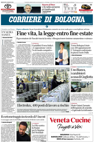 Prima pagina Corriere di Bologna di oggi - Quotidiano regionale
