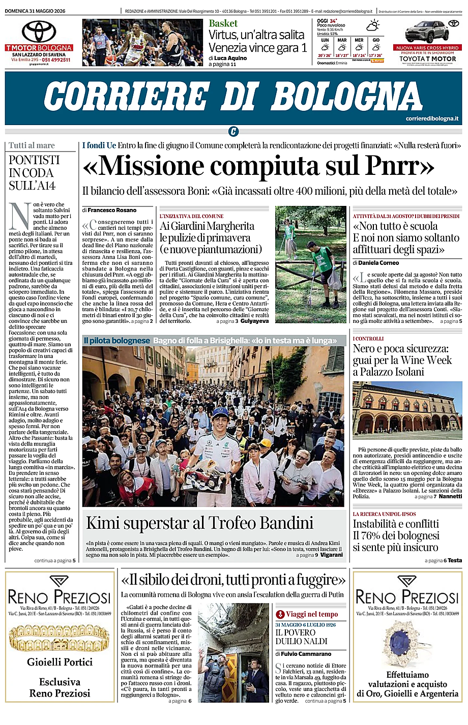 Prima pagina Corriere di Bologna di oggi - Edicola 31 Maggio 2026
