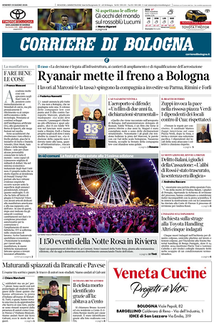 Prima pagina Corriere di Bologna di oggi - Quotidiano regionale