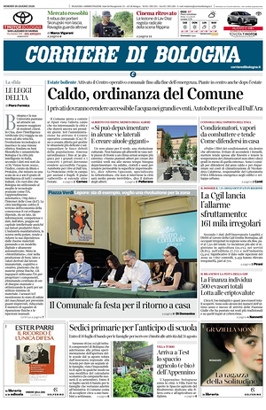Prima pagina Corriere di Bologna di oggi - Quotidiano regionale