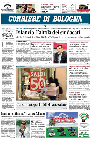Prima pagina Corriere di Bologna di oggi - Quotidiano regionale