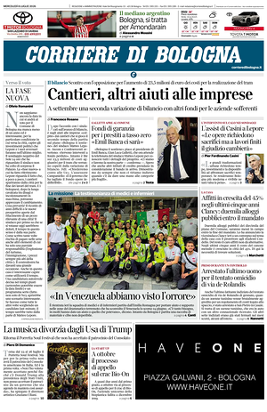 Prima pagina Corriere di Bologna di oggi - Quotidiano regionale
