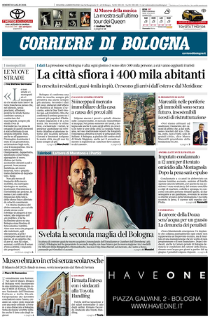 Prima pagina Corriere di Bologna di oggi - Quotidiano regionale