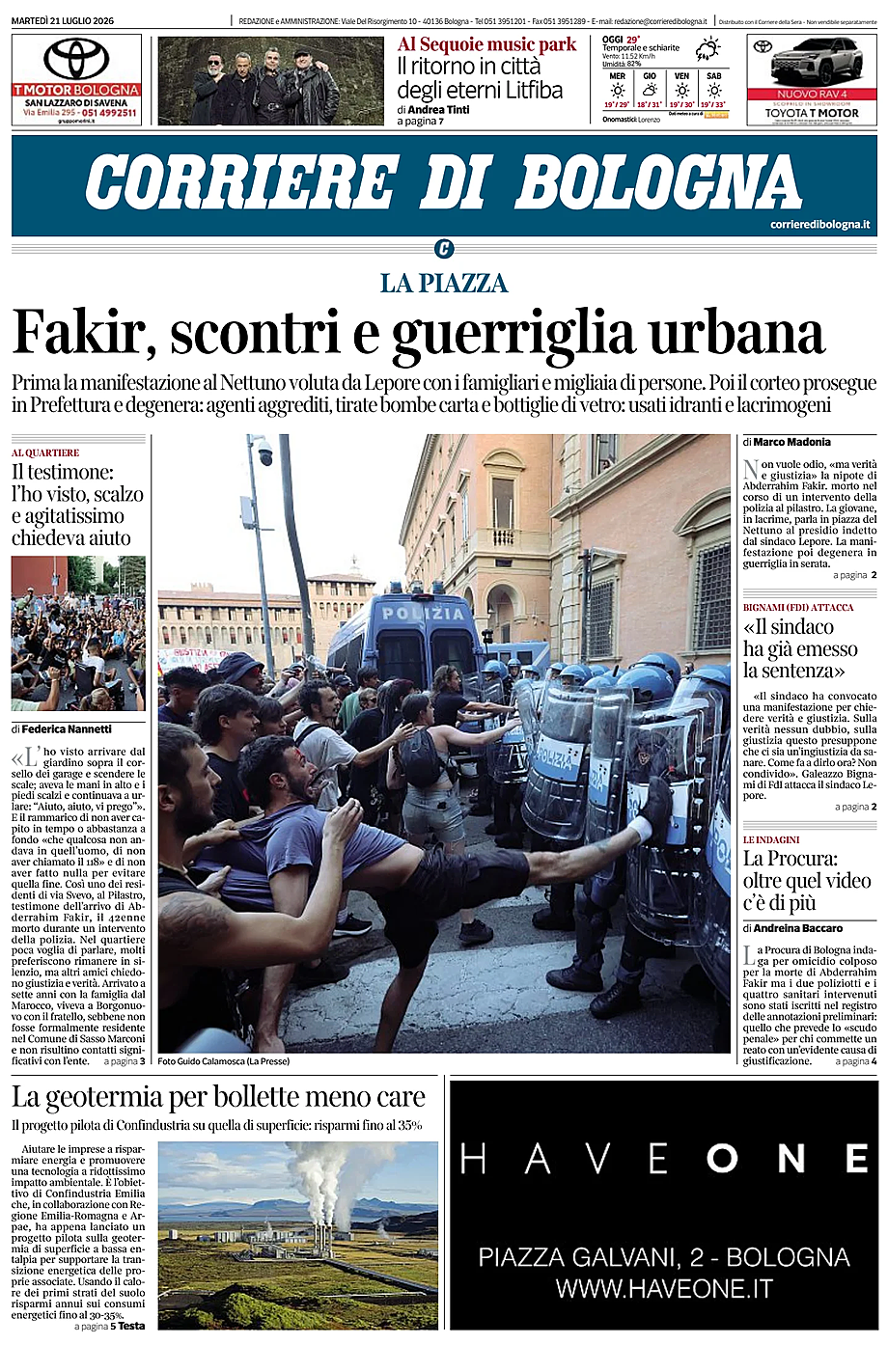 Prima pagina Corriere di Bologna di oggi - Edicola 21 Luglio 2026
