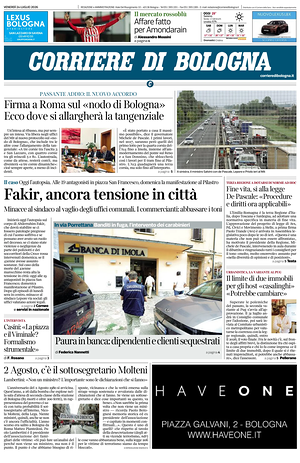 Prima pagina Corriere di Bologna di oggi - Quotidiano regionale