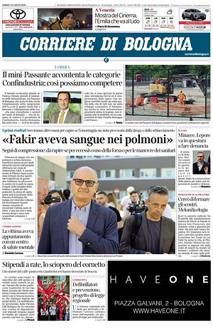Prima pagina Corriere di Bologna di oggi - Quotidiano regionale