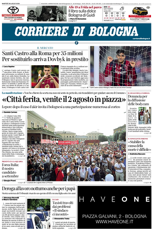 Prima pagina Corriere di Bologna di oggi - Quotidiano regionale