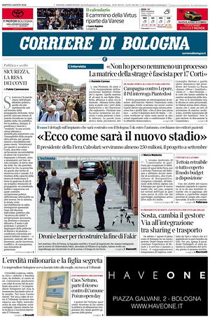 Prima pagina Corriere di Bologna di oggi - Quotidiano regionale