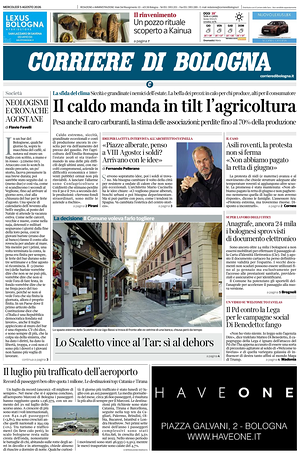 Prima pagina Corriere di Bologna di oggi - Quotidiano regionale