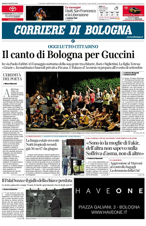Prima pagina Corriere di Bologna di oggi - Quotidiano regionale