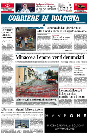 Prima pagina Corriere di Bologna di oggi - Quotidiano regionale
