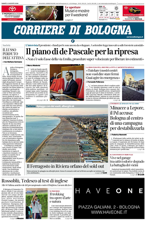 Prima pagina Corriere di Bologna di oggi - Quotidiano regionale