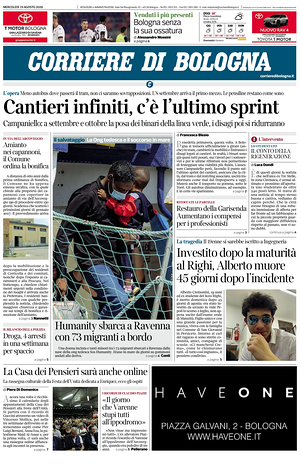 Prima pagina Corriere di Bologna di oggi - Quotidiano regionale