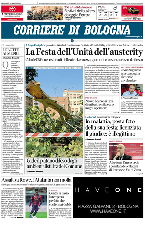 Prima pagina Corriere di Bologna di oggi - Quotidiano regionale