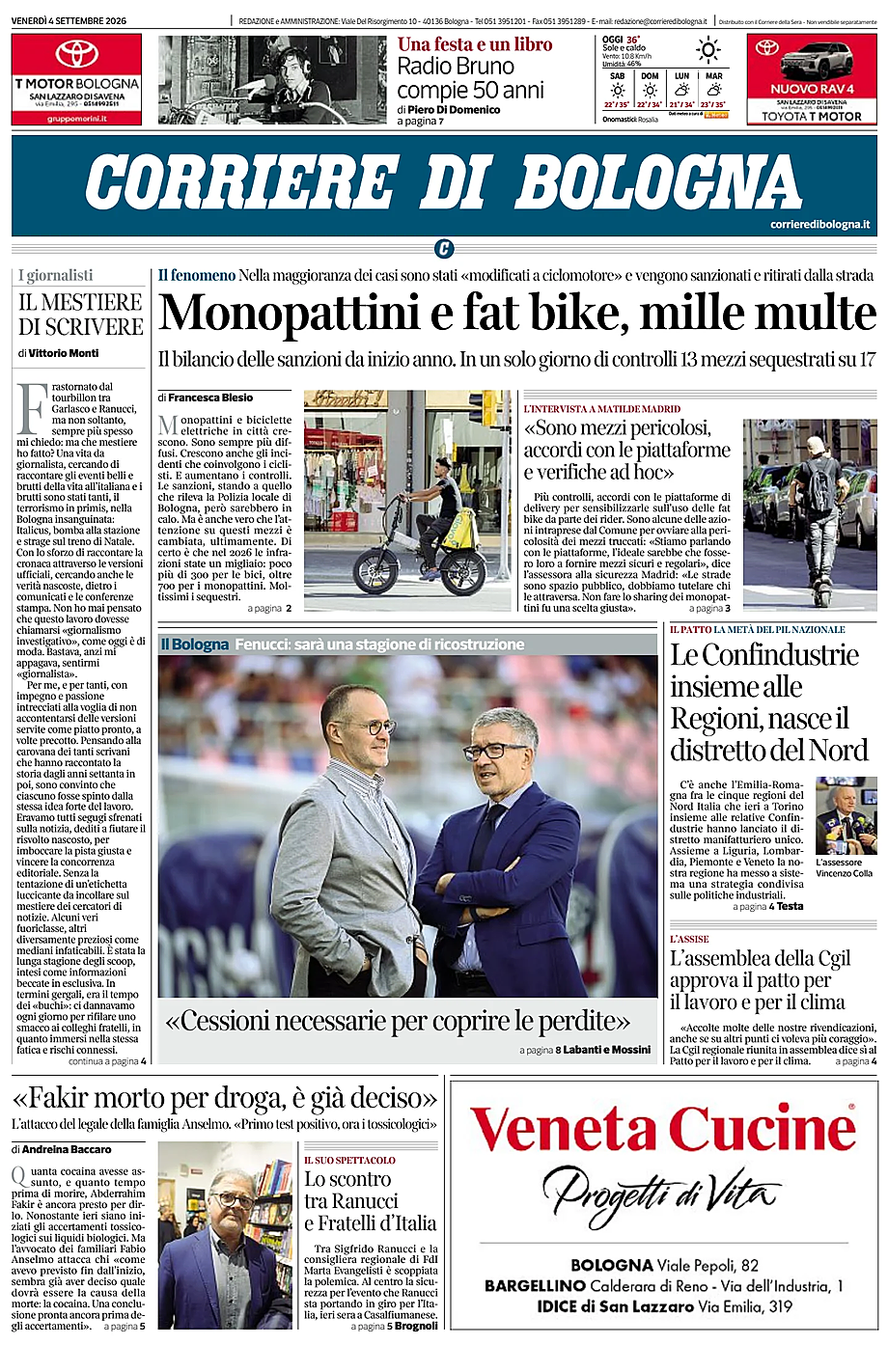 Prima pagina Corriere di Bologna di oggi - Edicola 4 Settembre 2026