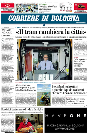 Prima pagina Corriere di Bologna di oggi - Quotidiano regionale