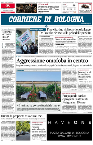 Prima pagina Corriere di Bologna di oggi - Quotidiano regionale