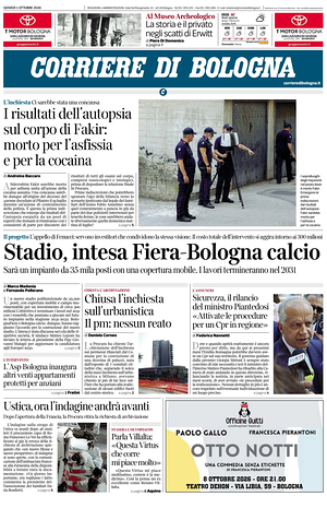 Prima pagina Corriere di Bologna di oggi - Quotidiano regionale