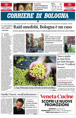 Prima pagina Corriere di Bologna di oggi - Quotidiano regionale