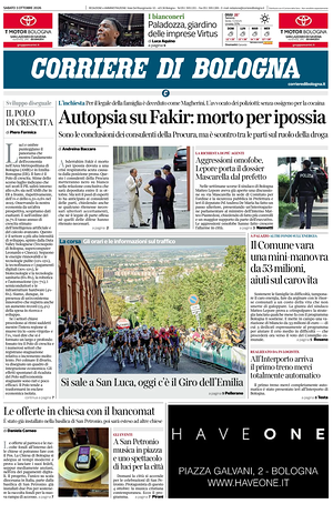 Prima pagina Corriere di Bologna di oggi - Quotidiano regionale