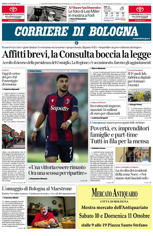 Prima pagina Corriere di Bologna di oggi - Quotidiano regionale
