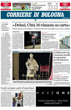Prima pagina Corriere di Bologna di oggi - Quotidiano regionale