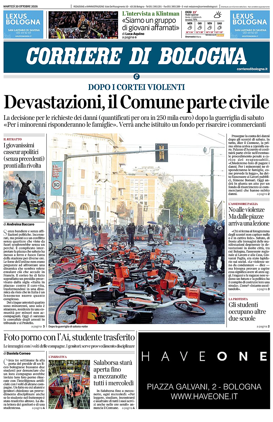 Prima pagina Corriere di Bologna di oggi - Edicola 20 Ottobre 2026