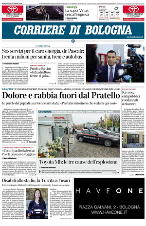 Prima pagina Corriere di Bologna di oggi - Quotidiano regionale